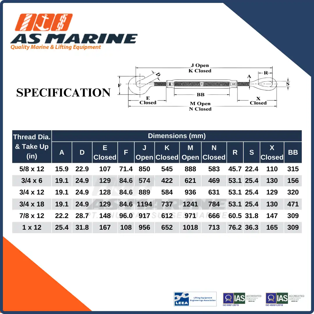 Spesifikasi Crosby USA Turnbuckle / Spanskrup Hook & Eye HG225